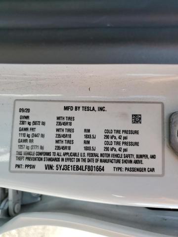 5YJ3E1EB4LF801664 - 2020 TESLA MODEL 3 Weiß Foto 12