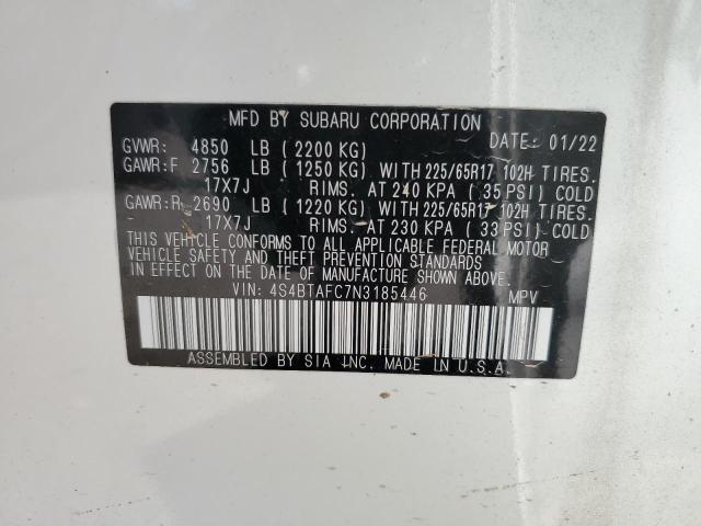 4S4BTAFC7N3185446 - 2022 SUBARU OUTBACK PREMIUM WHITE photo 12