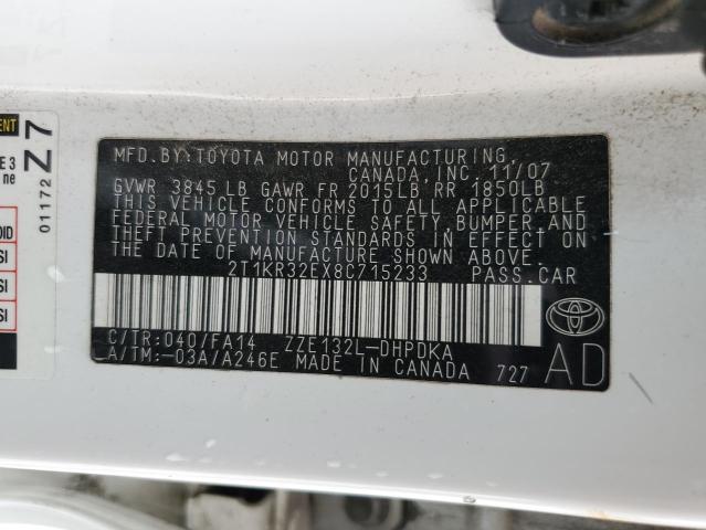 2T1KR32EX8C715233 - 2008 TOYOTA COROLLA MA XR WHITE photo 12