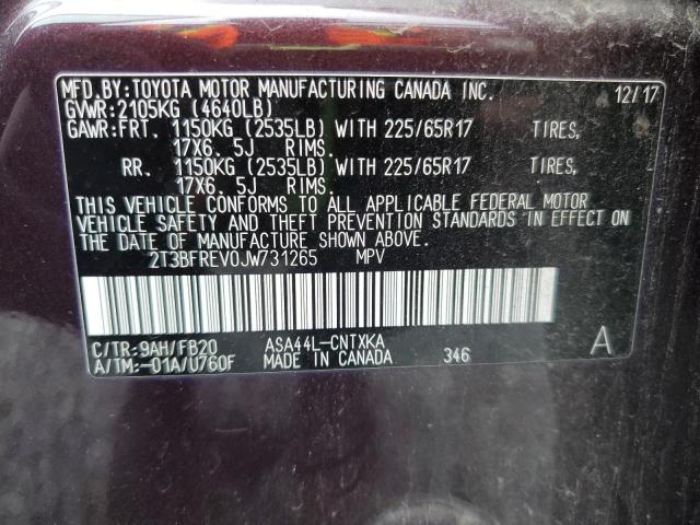 2T3BFREV0JW731265 - 2018 TOYOTA RAV4 LE 紫色 照片 13