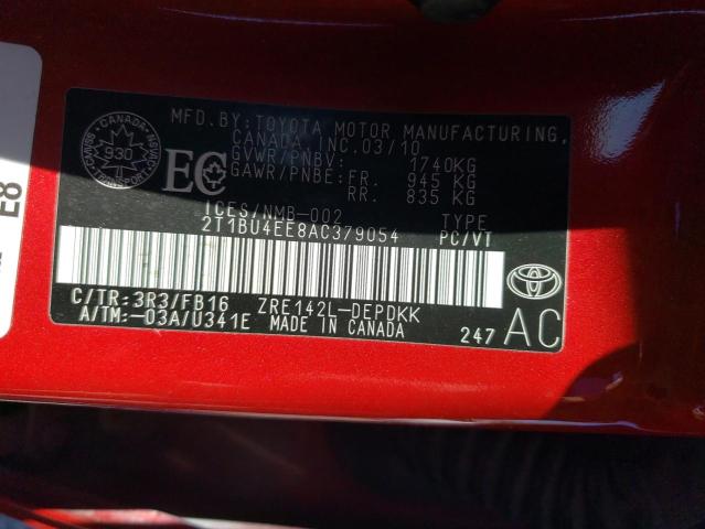 2T1BU4EE8AC379054 - 2010 TOYOTA COROLLA BASE Rouge photo 13