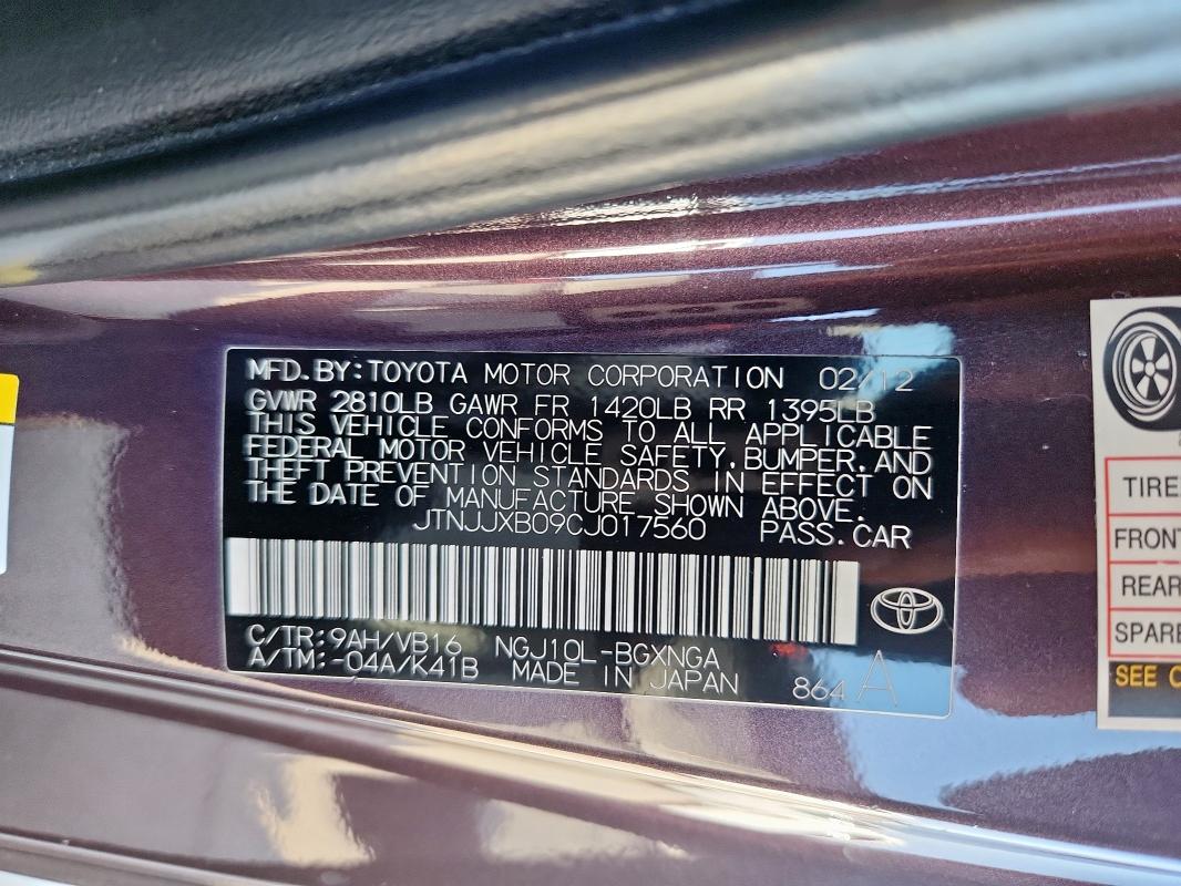 JTNJJXB09CJ017560 - 2012 TOYOTA SCION IQ BURGUNDY photo 12