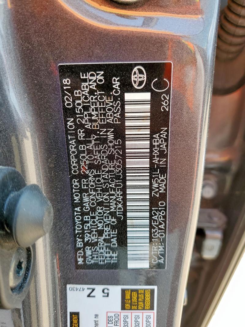 JTDKARFU1J3057215 - 2018 TOYOTA PRIUS GRAY photo 12