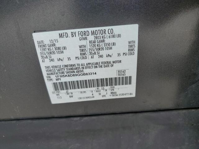 1FM5K8D89GGB83314 - 2016 FORD EXPLORER XLT GRAY photo 14