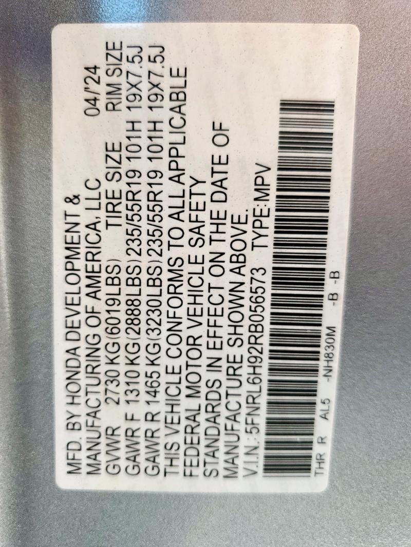 5FNRL6H92RB056573 - 2024 HONDA ODYSSEY ELITE 银色 照片 13