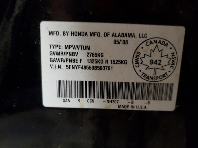 5FNYF48559B500761 - 2009 HONDA PILOT EXL BLACK photo 12