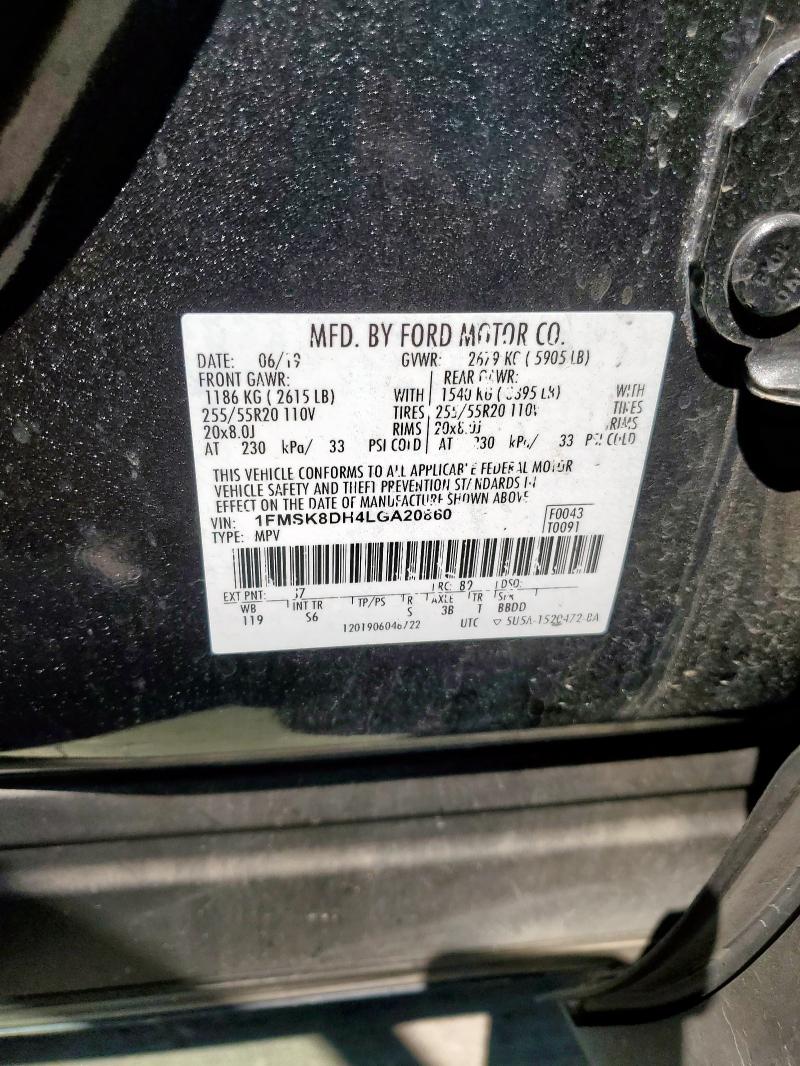 1FMSK8DH4LGA20860 - 2020 FORD EXPLORER XLT ნაცრისფერი ფოტო 13