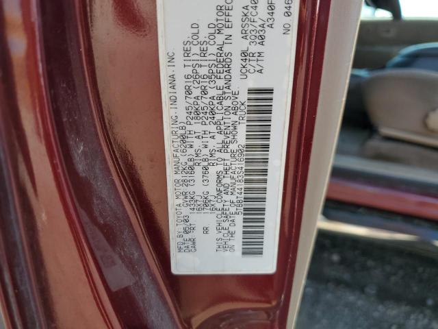 5TBBT44183S416902 - 2003 TOYOTA TUNDRA ACCESS CAB SR5 BURGUNDY photo 12