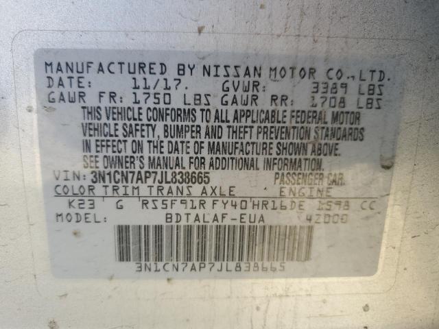 3N1CN7AP7JL838665 - 2018 NISSAN VERSA S SILVER photo 12