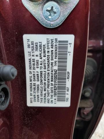 19XFB2F51FE002942 - 2015 HONDA CIVIC LX BURGUNDY photo 12