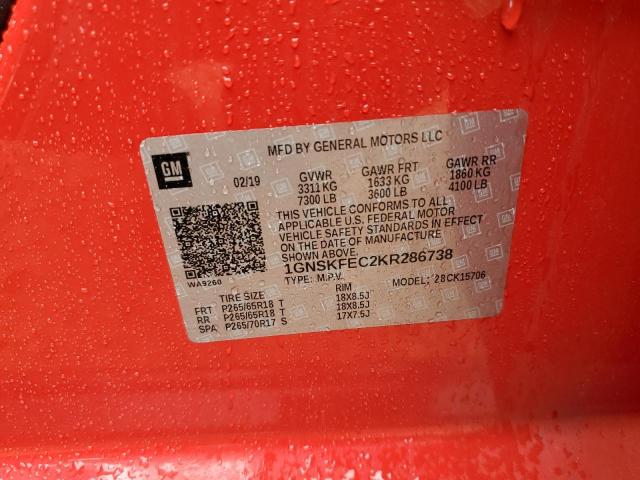 1GNSKFEC2KR286738 - 2019 CHEVROLET TAHOE SPECIAL Kırmızı fotoğraf 13