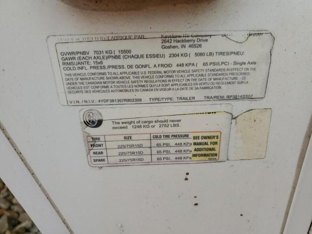 4YDF381357R802359 - 2007 KEYSTONE TRAILER WHITE photo 10