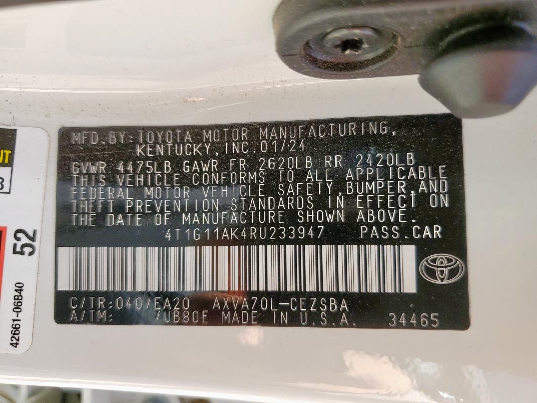 4T1G11AK4RU233947 - 2024 TOYOTA CAMRY SE NIGHT SHADE WHITE photo 12