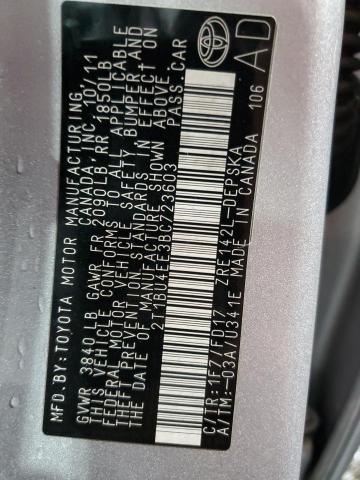 2T1BU4EE3BC723603 - 2011 TOYOTA COROLLA BASE Argent photo 12