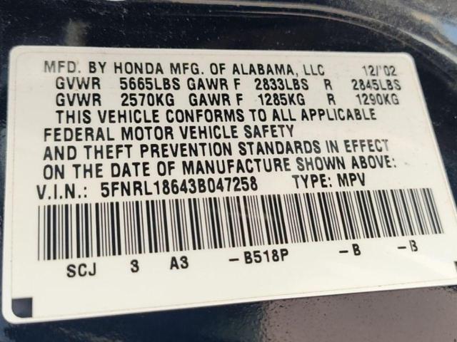 5FNRL18643B047258 - 2003 HONDA ODYSSEY EX BLUE photo 10