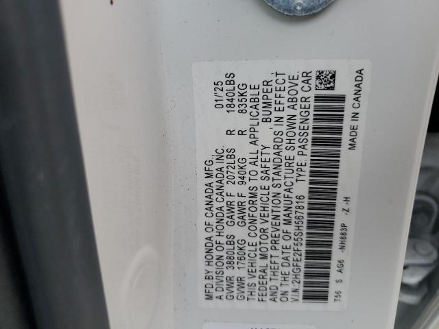 2HGFE2F55SH567816 - 2025 HONDA CIVIC SPORT Beyaz fotoğraf 13