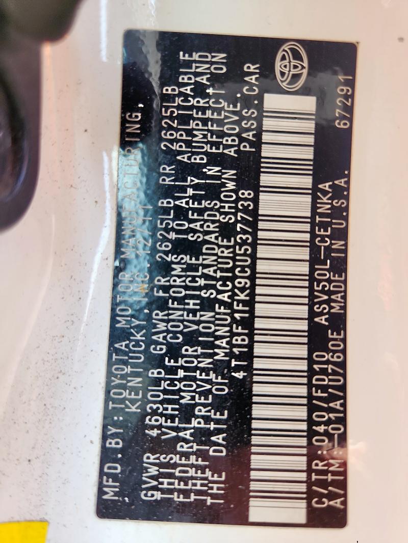 4T1BF1FK9CU537738 - 2012 TOYOTA CAMRY BASE თეთრი ფოტო 12