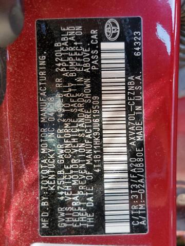 4T1B11HK9JU619509 - 2018 TOYOTA CAMRY L 栗色 照片 12