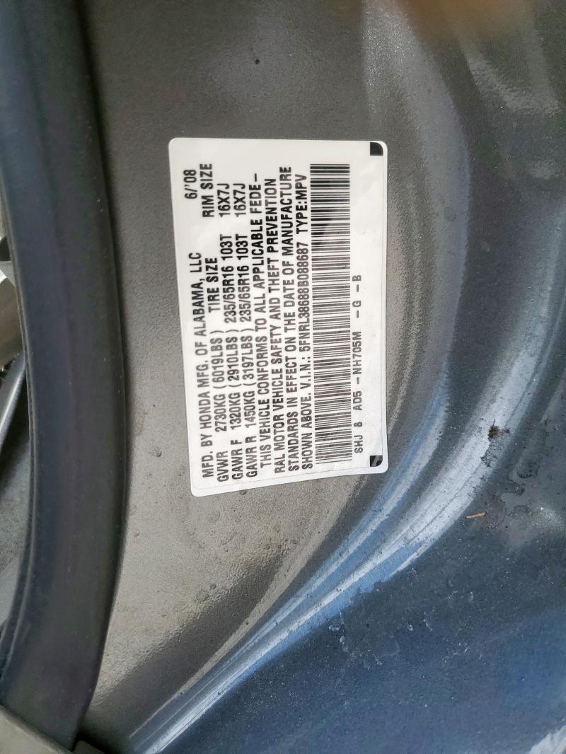 5FNRL38688B088687 - 2008 HONDA ODYSSEY EXL GRAY photo 13