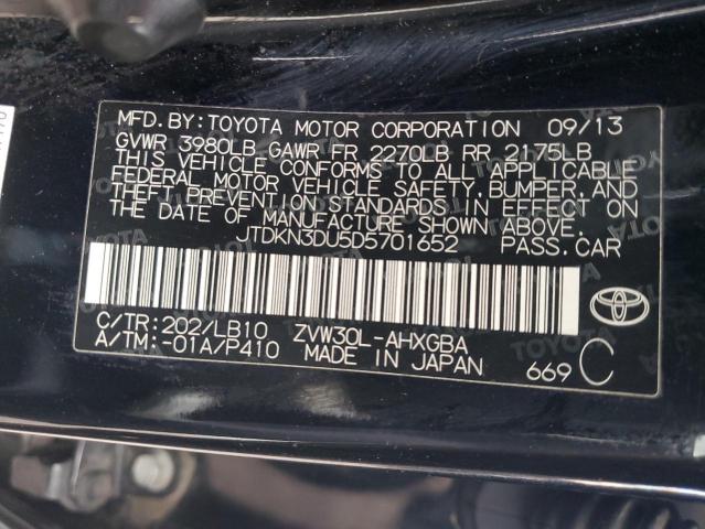 JTDKN3DU5D5701652 - 2013 TOYOTA PRIUS BLACK photo 13