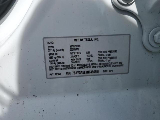7SAYGAEE1NF466654 - 2022 TESLA MODEL Y WHITE photo 13