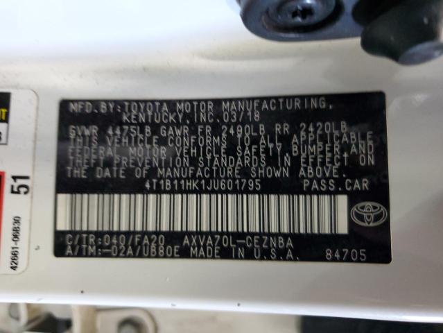4T1B11HK1JU601795 - 2018 TOYOTA CAMRY L WHITE photo 12
