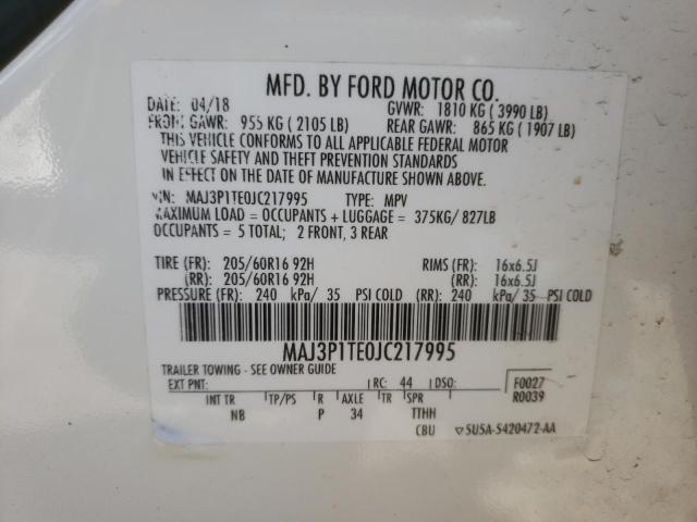 MAJ3P1TE0JC217995 - 2018 FORD ECOSPORT SE WHITE photo 12