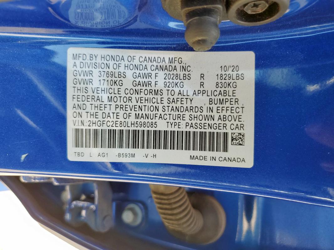 2HGFC2E80LH598085 - 2020 HONDA CIVIC SPORT Көк фото 12