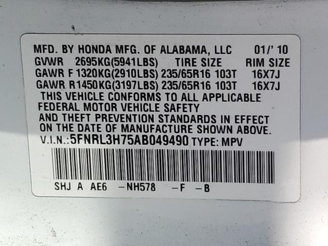 5FNRL3H75AB049490 - 2010 HONDA ODYSSEY EXL WHITE photo 13