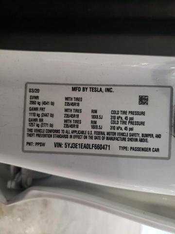 5YJ3E1EA0LF660471 - 2020 TESLA MODEL 3 თეთრი ფოტო 12