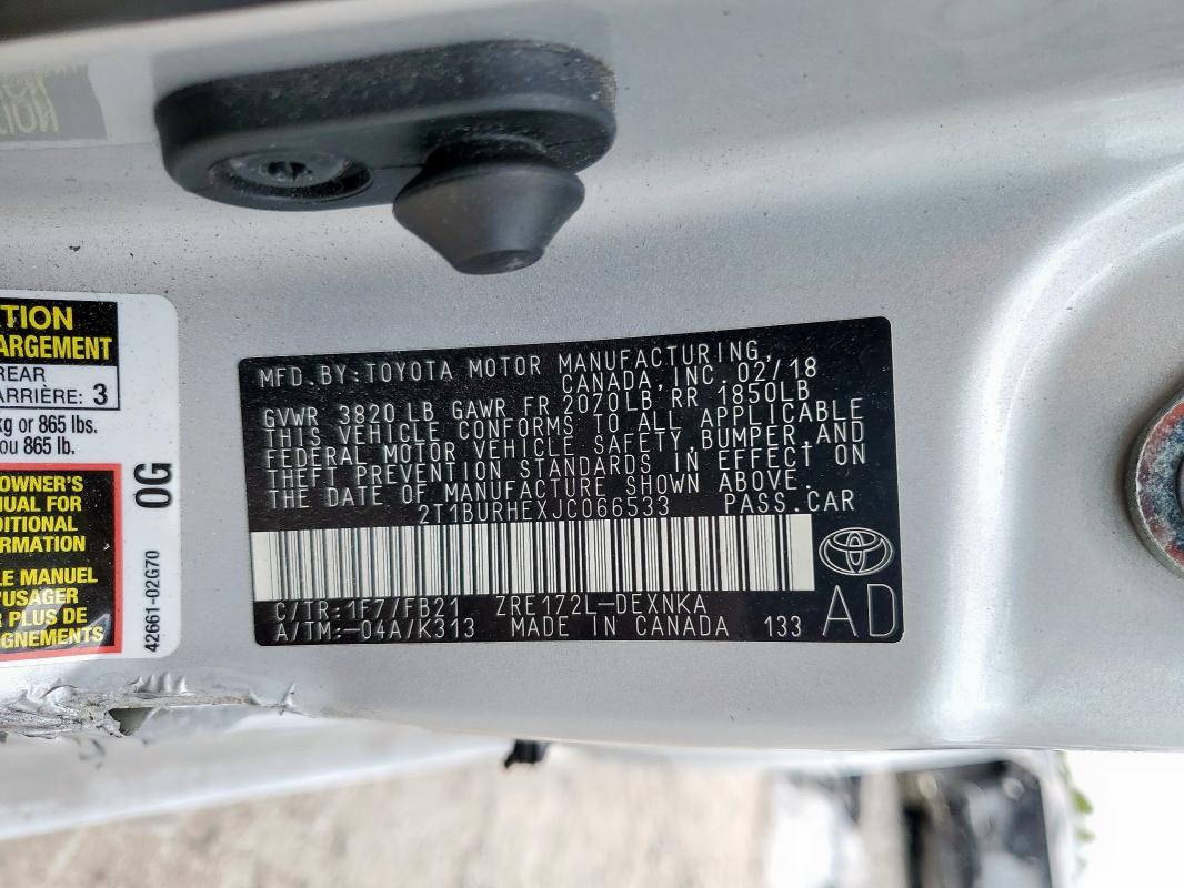 2T1BURHEXJC066533 - 2018 TOYOTA COROLLA L 银色 照片 13