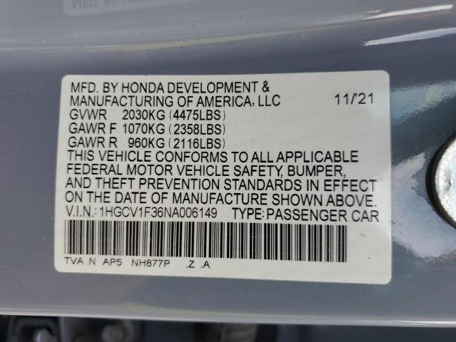 1HGCV1F36NA006149 - 2022 HONDA ACCORD SPORT 银色 照片 12