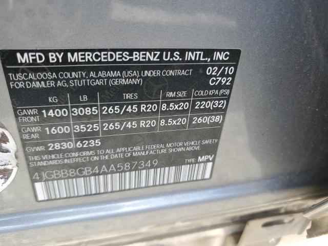 4JGBB8GB4AA587349 - 2010 MERCEDES-BENZ ML 350 4MATIC GRAY photo 12