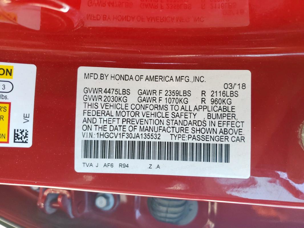 1HGCV1F30JA135532 - 2018 HONDA ACCORD SPORT წითელი ფოტო 12