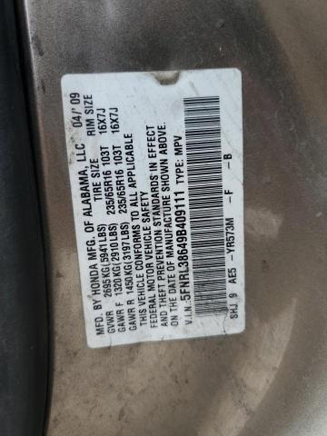 5FNRL38649B409111 - 2009 HONDA ODYSSEY EXL GOLD photo 13