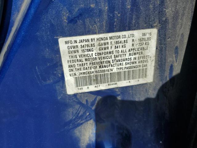 JHMGK5H76GS001674 - 2016 HONDA FIT EX BLUE photo 12