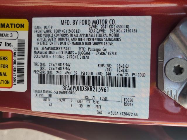 3FA6P0HD3KR215961 - 2019 FORD FUSION SE أحمر صورة 12