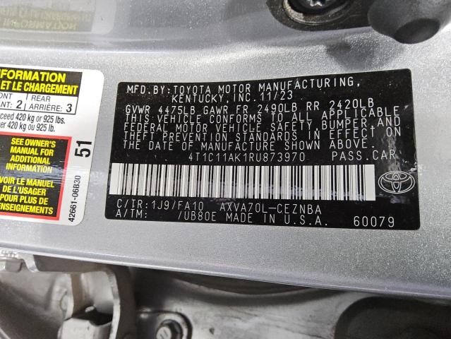 4T1C11AK1RU873970 - 2024 TOYOTA CAMRY LE SILVER photo 12