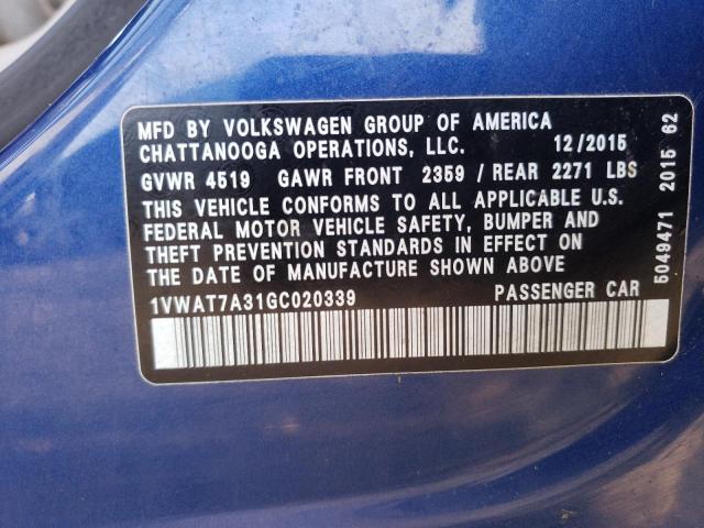 1VWAT7A31GC020339 - 2016 VOLKSWAGEN PASSAT S BLUE photo 12