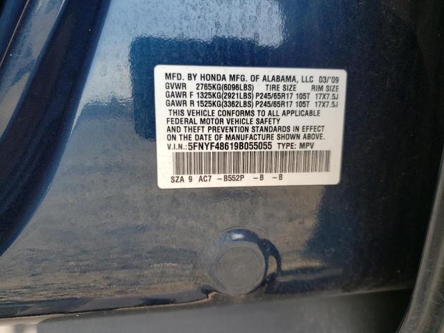 5FNYF48619B055055 - 2009 HONDA PILOT EXL BLUE photo 13