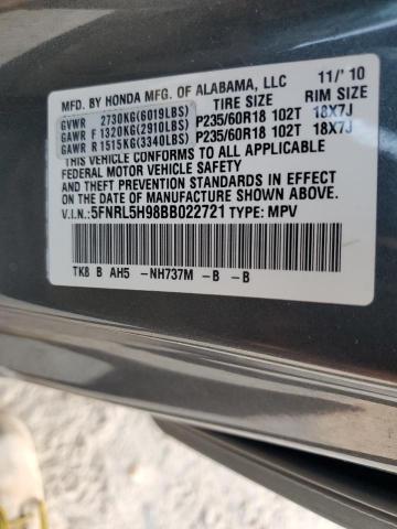 5FNRL5H98BB022721 - 2011 HONDA ODYSSEY TOURING GRAY photo 13