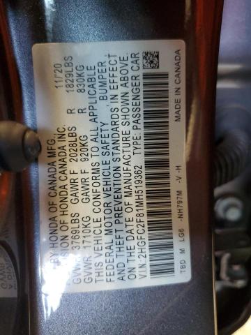 2HGFC2F81MH519362 - 2021 HONDA CIVIC SPORT Сұр фото 12