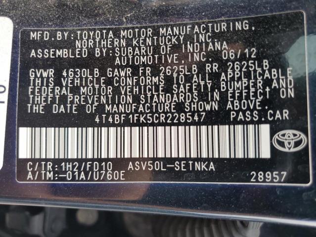 4T4BF1FK5CR228547 - 2012 TOYOTA CAMRY BASE ლურჯი ფოტო 12