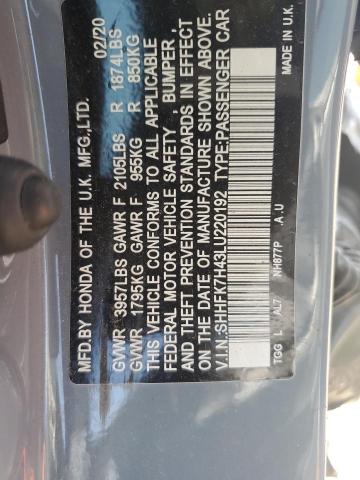 SHHFK7H43LU220192 - 2020 HONDA CIVIC SPORT ნაცრისფერი ფოტო 12