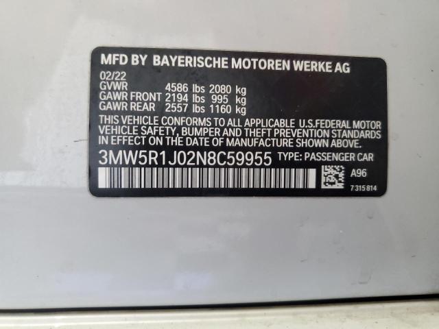 3MW5R1J02N8C59955 - 2022 BMW 330I WHITE photo 12