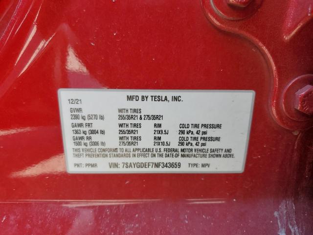 7SAYGDEF7NF343659 - 2022 TESLA MODEL Y 红色 照片 12