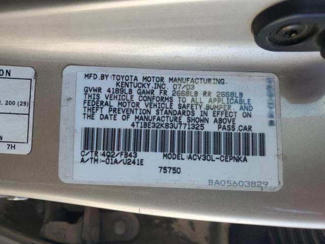 4T1BE32K83U771325 - 2003 TOYOTA CAMRY LE 棕色 照片 12