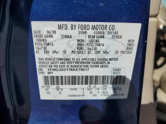 1FMCU03178KE79017 - 2008 FORD ESCAPE XLT BLUE photo 12