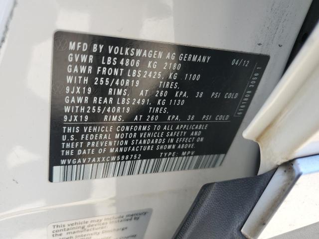 WVGAV7AXXCW598752 - 2012 VOLKSWAGEN TIGUAN S WHITE photo 13