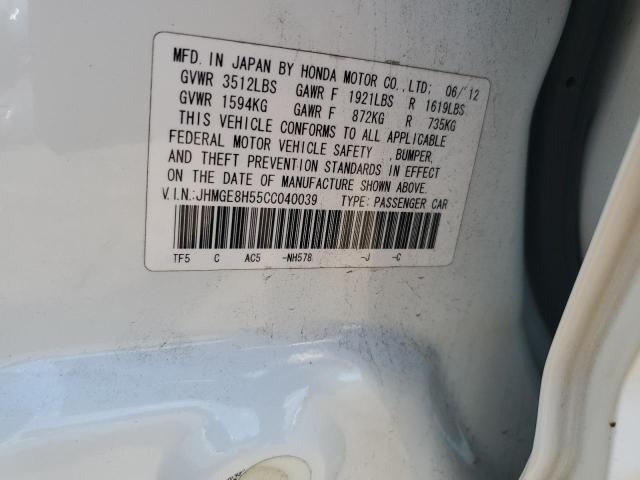 JHMGE8H55CC040039 - 2012 HONDA FIT SPORT WHITE photo 13